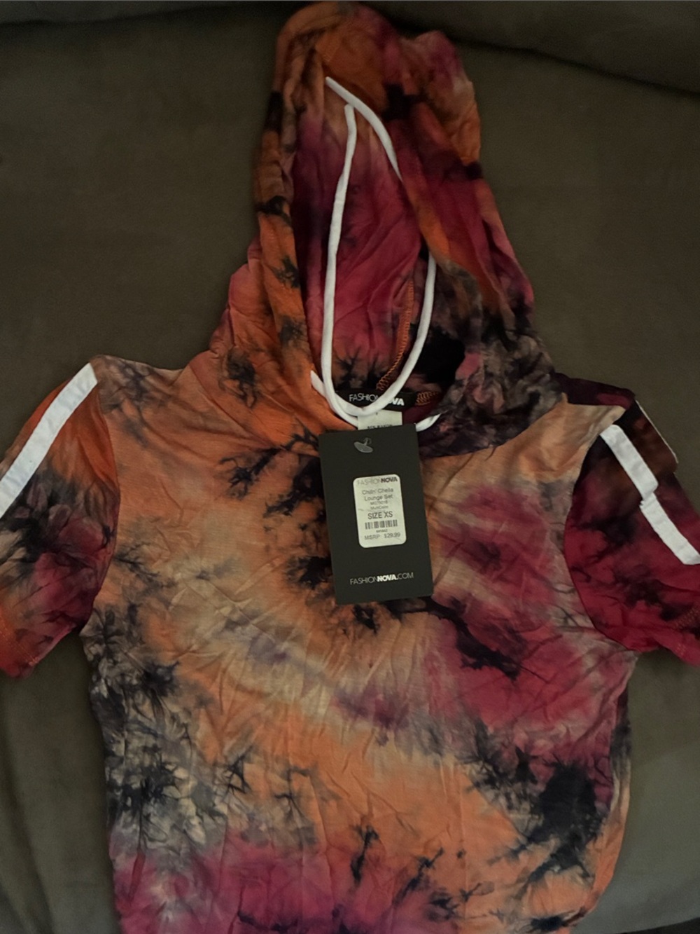 Fashion Nova Orange & Pink Tie-Dye Hooded Short Sleeve Top